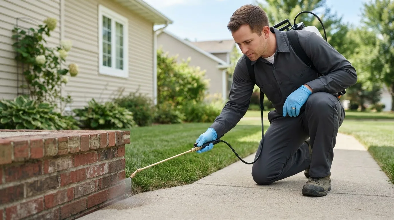Pest control technician treating a home near Waucoma, IA