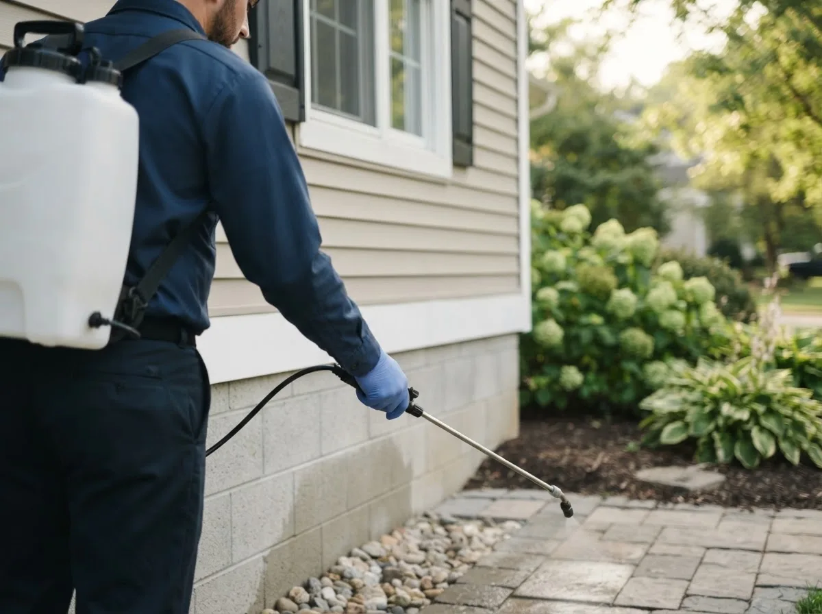 Pest control technician inspecting a home in Waucoma, IA